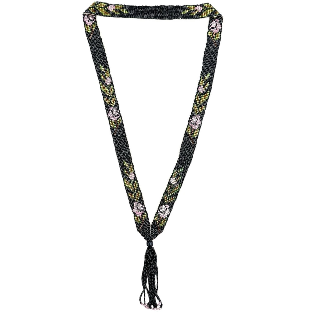 Vintage Beaded Floral Loom Necklace Black Pink Tassel Boho Folk Jewelry 18"